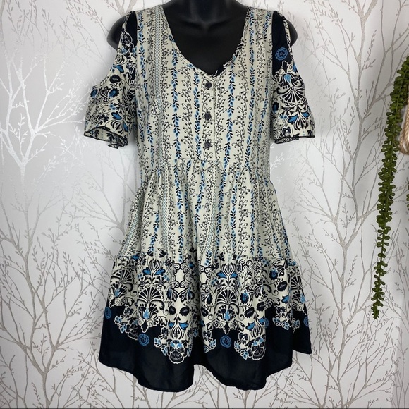 BAND OF GYPSIES Blue Floral Cold-Shoulder Mini Dress medium Boho - Picture 12 of 12